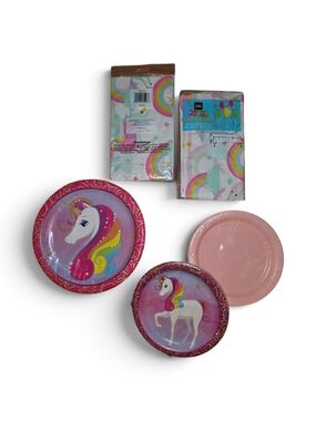 Unicorn Pastel Rainbow Plastic Tablecover, & Plates - Pink